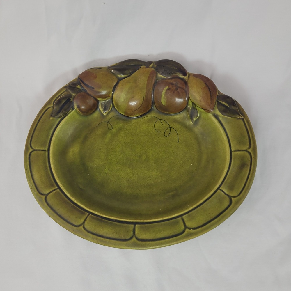 Vintage Los Angeles Potteries Green Pear Relief Ceramic Platter MCM Calif